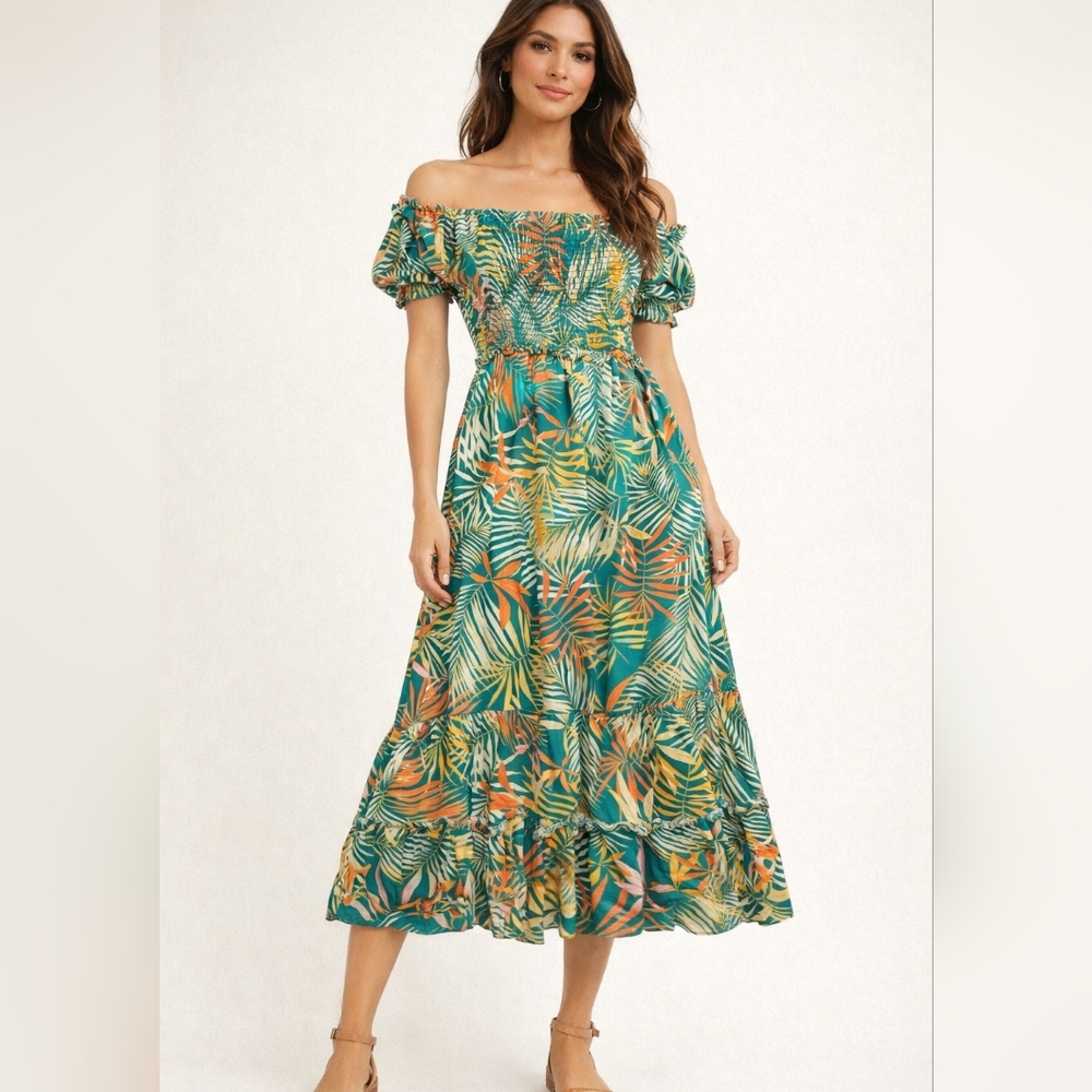 Betsey Johnson Tropical Green and Orange Midi Dress